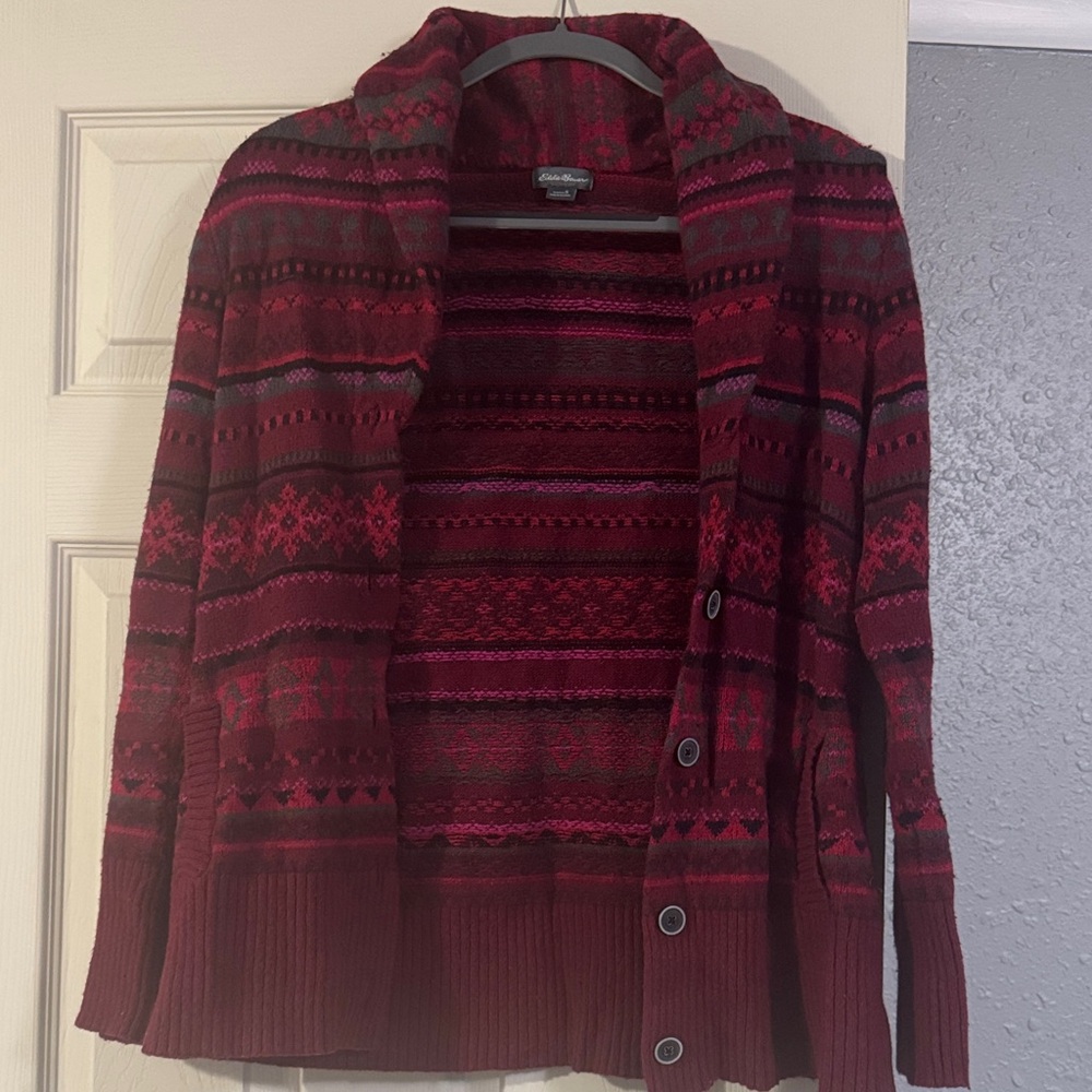 Eddie Bauer Burgundy Patterned Cardigan